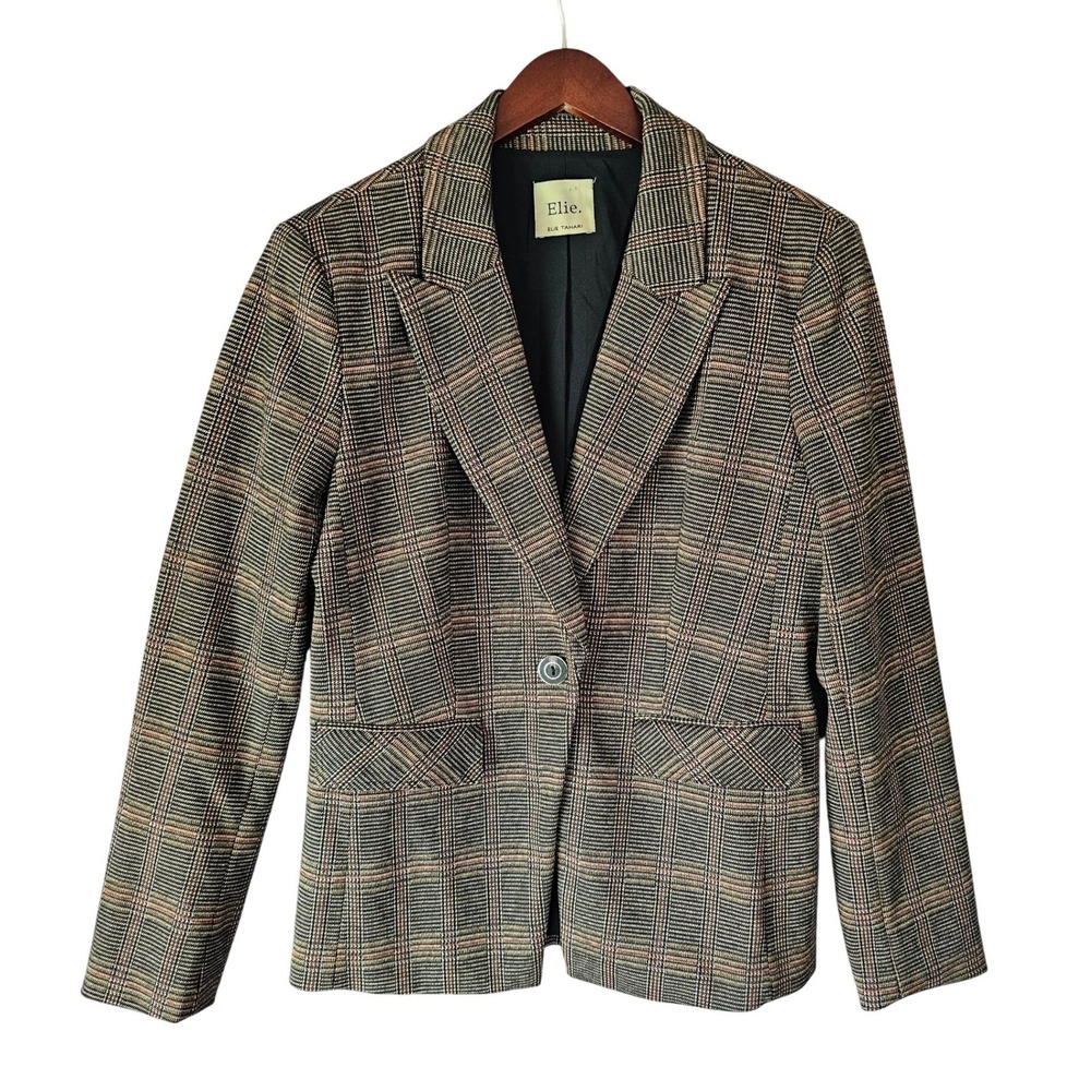 Elie Tahari Womens Glen Plaid Single Button Blazer Jacket Grey Brown Check sz 12